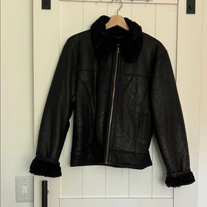 Black Leather Jacket with Faux Fur Trim